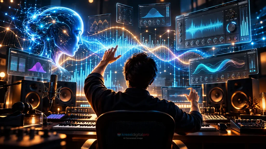 Produser musik di studio rekaman futuristik mengendalikan gelombang suara dan AI audio generatif dalam tampilan hologram cyan.